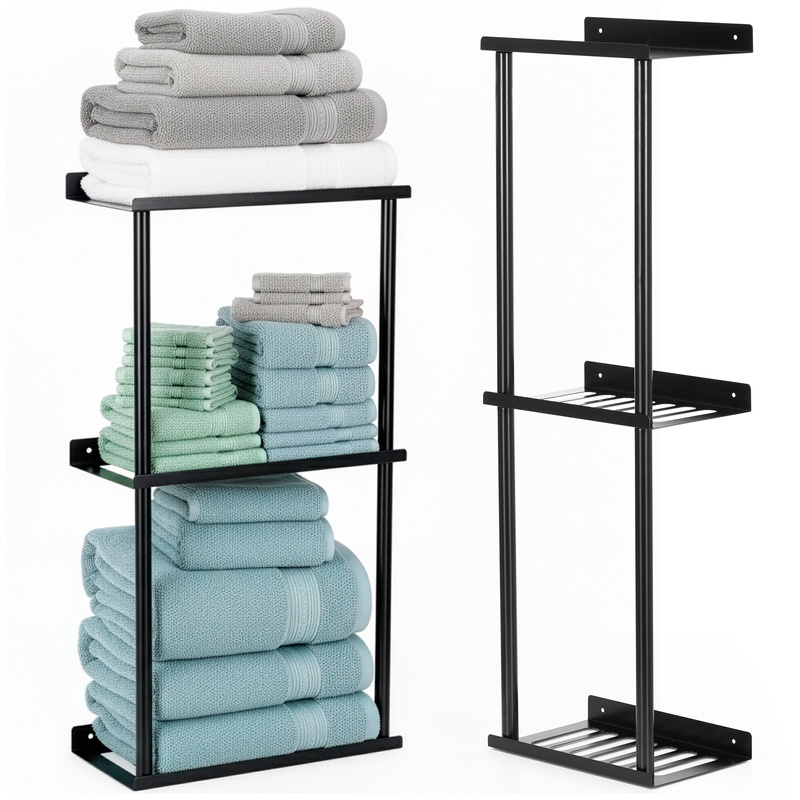 Wieszak łazienkowy na ręczniki, ścienny trzypoziomowy, czarny