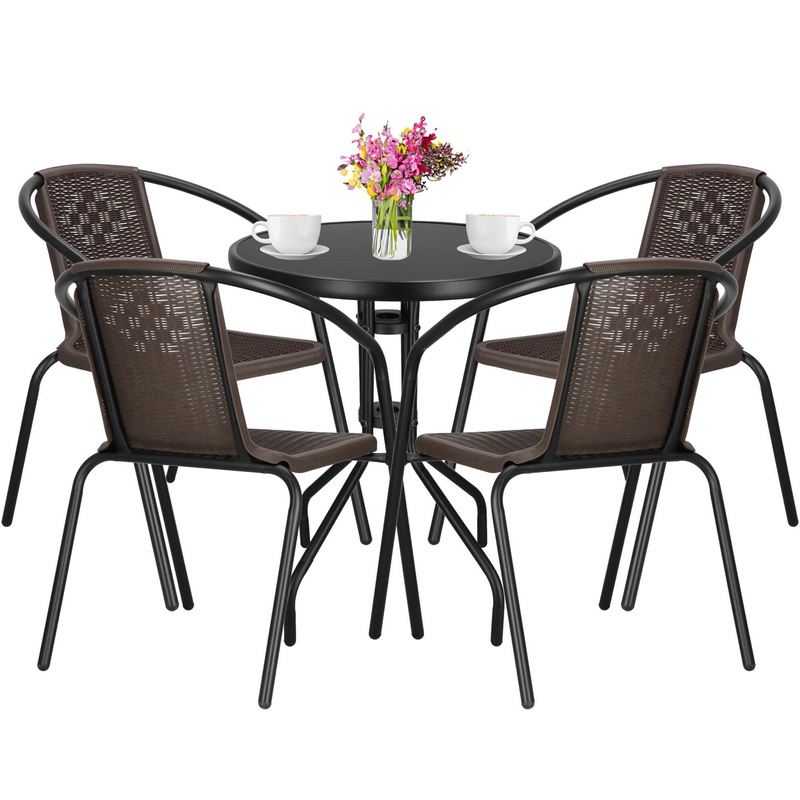 Meble ogrodowe metalowe krzesła 4 szt. i okrągły stół ze szklanym blatem zestaw czarno-brązowy