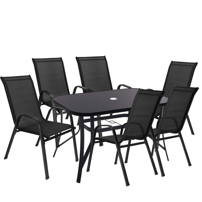 Meble ogrodowe 6 krzeseł, stół 120x70 cm ze szkłem hartowanym zestaw dla 6 osób czarny