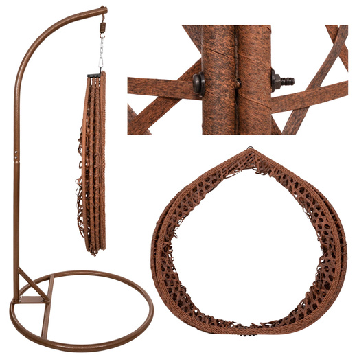 Kokon ogrodowy rattanowy z poduszkami fotel wiszący bujak huśtawka na metalowym stelażu brązowa