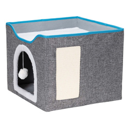 Legowisko dla kota z zabawką i drapakiem 42x41x34 cm koci domek, posłanie szare