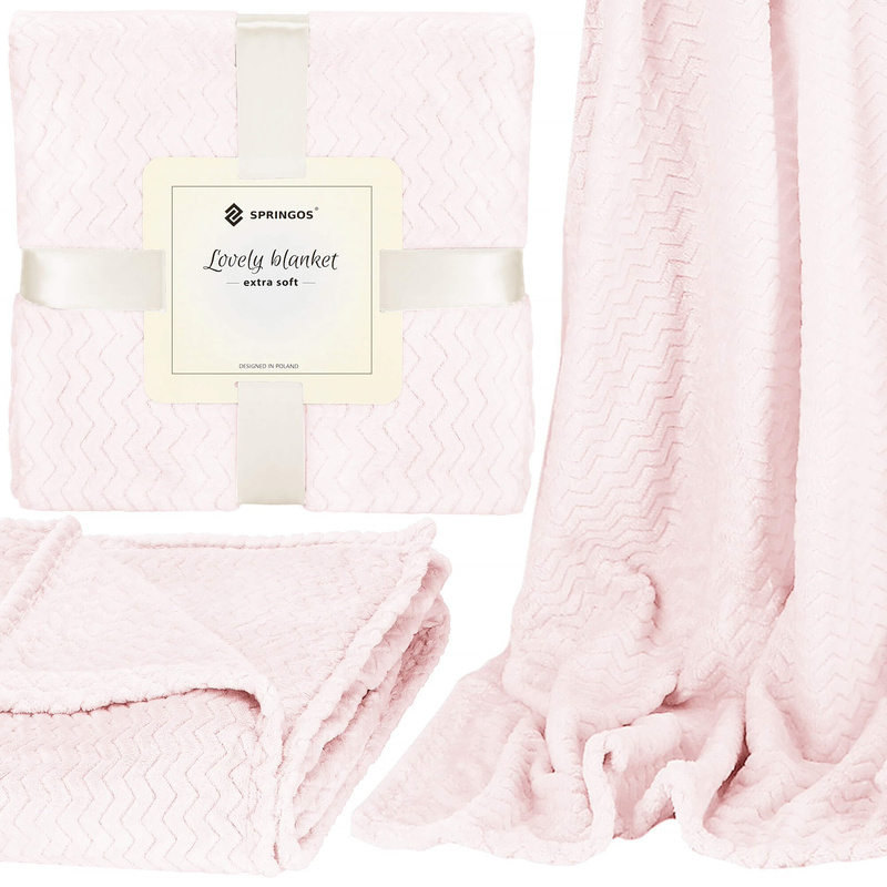 Narzuta na łóżko, pled 130x180 cm tłoczony zygzak, dwustronny koc na kanapę pudrowy róż