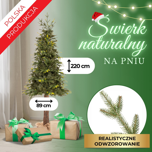 Choinka sztuczna na pniu 220 cm świerk naturalny ze stojakiem nowoczesny