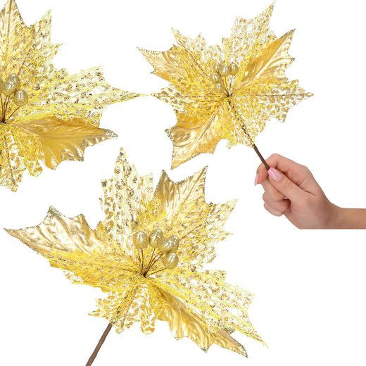 Gwiazda betlejemska 26 cm sztuczny kwiat, poinsecja złota z brokatem