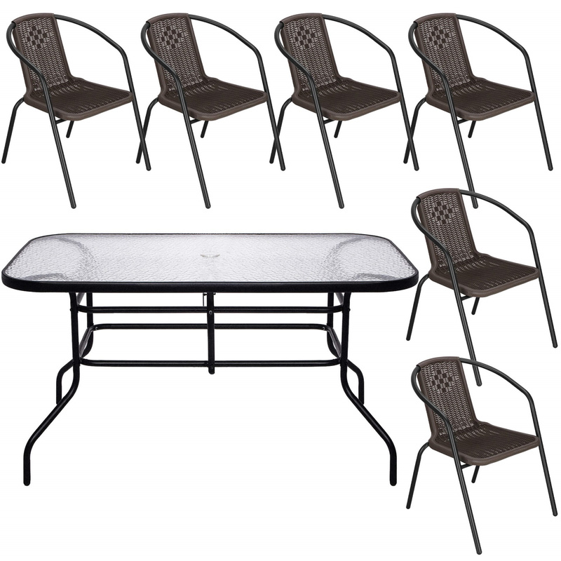 Meble ogrodowe na taras krzesła metalowe 6 szt. stół prostokątny 120 x 70 cm czarno-brązowy