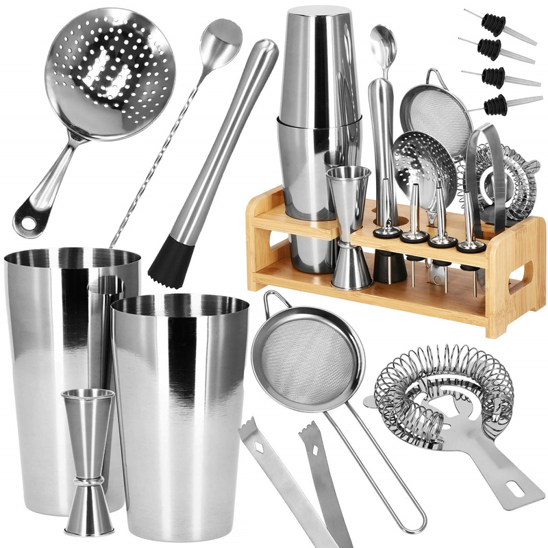 Zestaw barmański 14 elementów do drinków z podstawką bambusową srebrny