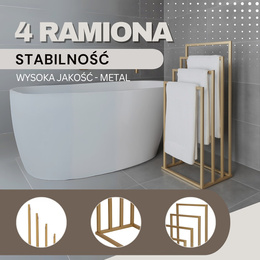 Stojak na ręczniki, podłogowy 96 cm wieszak łazienkowy czteroramienny, złoty