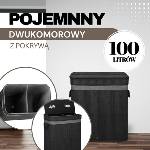 Kosz na pranie 100L z pokrywą czarny bambus dwukomorowy 