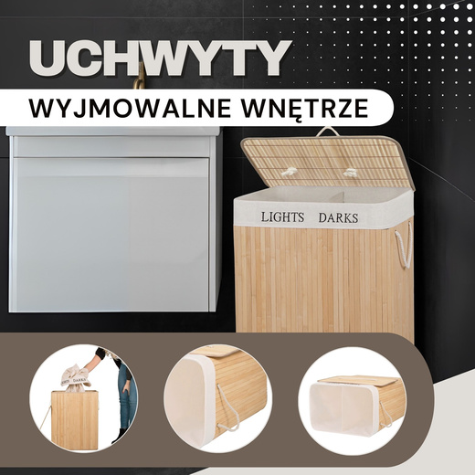 Kosz na pranie 100 L z pokrywą naturalny bambus