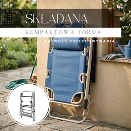 Leżak plażowy składany z podnóżkiem, fotel ogrodowy z poduszką granatowy