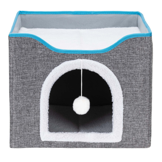 Legowisko dla kota z zabawką i drapakiem 42x41x34 cm koci domek, posłanie szare