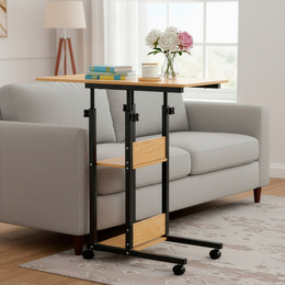 Stolik na kółkach regulowany 76-86 cm biurko mobilne pod laptopa jasnobrązowe