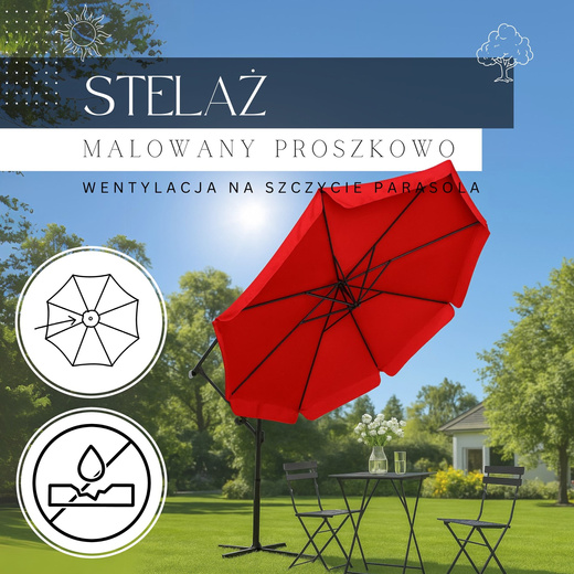 Parasol ogrodowy na wysięgniku 350 cm składany z pokrowcem, na balkon, taras czerwony