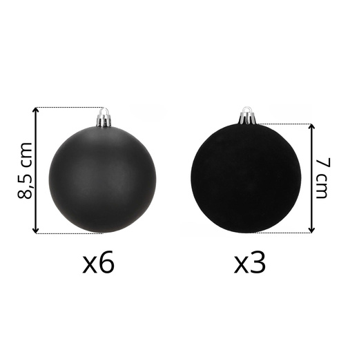 Bombki choinkowe 9 szt. zestaw dekoracji świątecznych 8,5 cm nietłukące, zamszowe, czarne