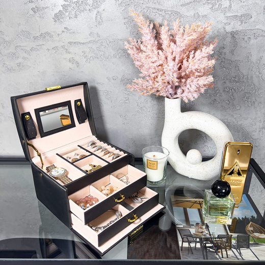 Szkatułka na biżuterię ekoskóra 17,5x14x12,5 cm brązowy organizer z przegródkami