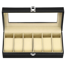 Szkatułka na zegarki 30x11x8 cm czarno-kremowy, ekoskóra organizer z przegródkami i okienkiem
