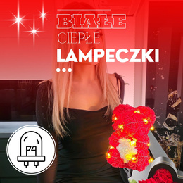 Miś z płatków róż czerwony z sercem, 22 cm rose bear z lampkami LED biały ciepły