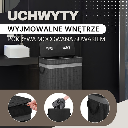 Kosz na pranie 100L z pokrywą czarny bambus dwukomorowy 