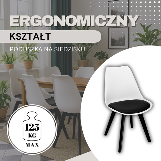 Krzesła skandynawskie 4 szt. do kuchni salonu jadalni Verde z poduszką biało-czarne