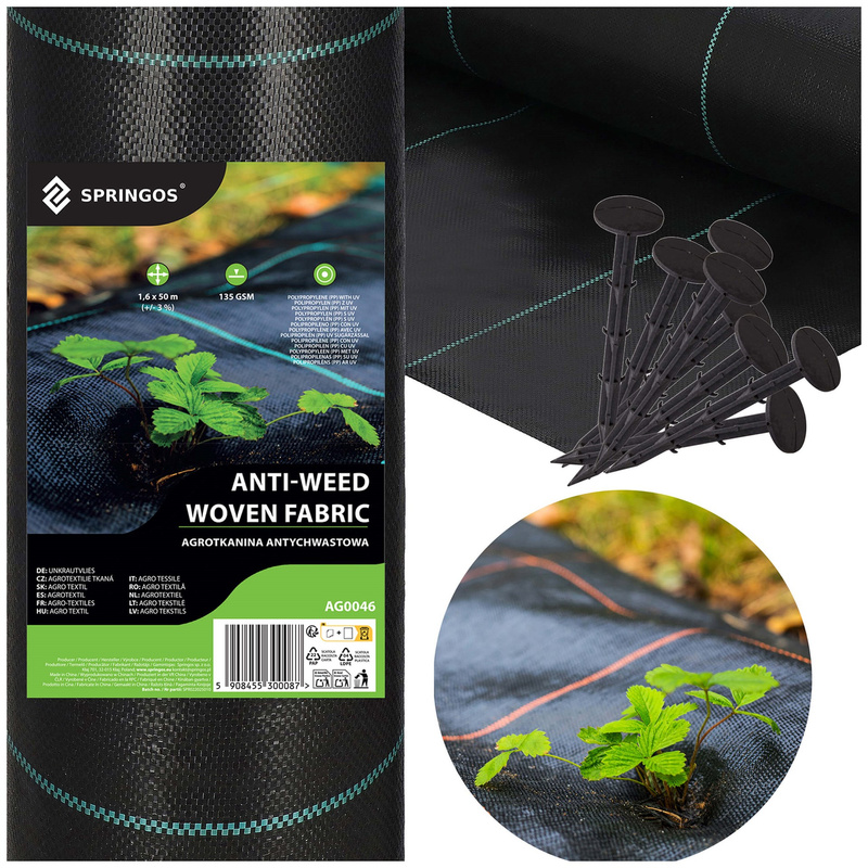 Agrowłóknina antychwastowa agrotkanina 135 g/m2 czarna mata 1,6m x 50m + kotwy mocujące 50 szt. kołki