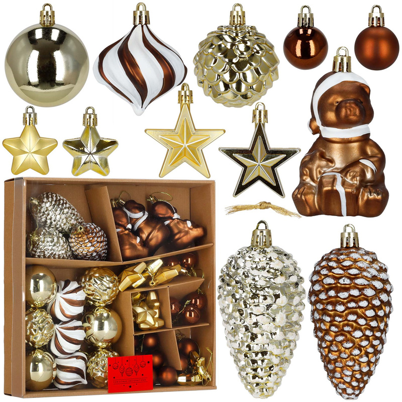 Bombki choinkowe 47 szt. zestaw dekoracji świątecznych, nietłukące, brązowy, złoty, biały
