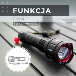 Latarka taktyczna LED wojskowa wielofunkcyjna z zoomem akumulatorowa czarna
