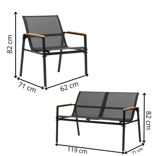 Meble ogrodowe, zestaw dla 4 osób sofa, krzesła, stolik metalowe, czarne