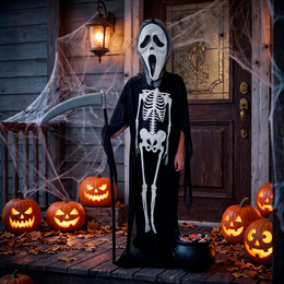Strój na Halloween dla dzieci kostium śmierć z maską, peleryną i kosą kostucha przebranie