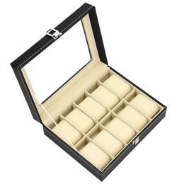Szkatułka na zegarki 25x20x8 cm czarno-kremowy, ekoskóra organizer z 10 przegródkami