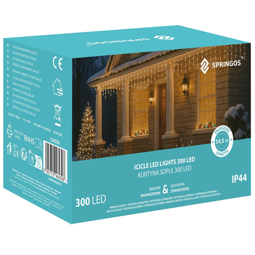 Kurtyna świetlna 300 led girlanda, lampki wewnętrzno-zewnętrzne sople biały ciepły + biały flash