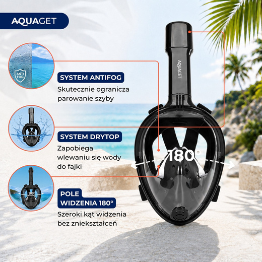 Maska do nurkowania L/XL pełnotwarzowa, z rurką, AntiFog, DryTop do snorkelingu regulowana