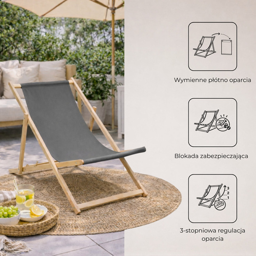 Leżak ogrodowy drewniany z 3-stopniową regulacją, plażowy, balkonowy, grafitowy