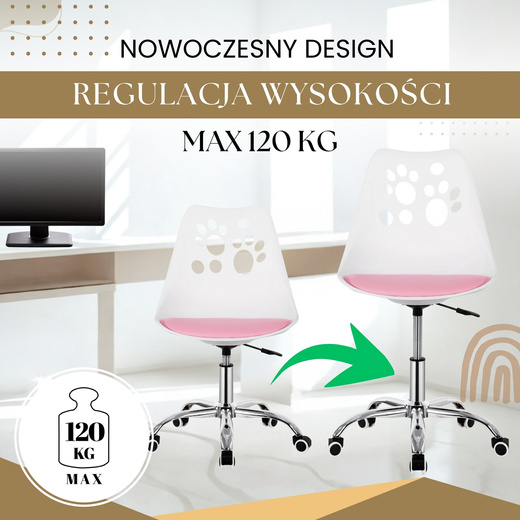 Fotel dziecięcy do biurka, obrotowe krzesło na kółkach regulowane dla dzieci do nauki, biało-różowe