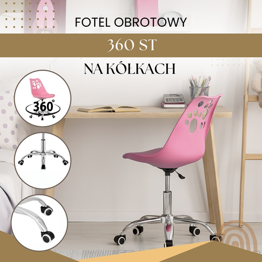 Fotel biurowy obrotowy krzesło na kółkach regulowane, dla dzieci do nauki różowe