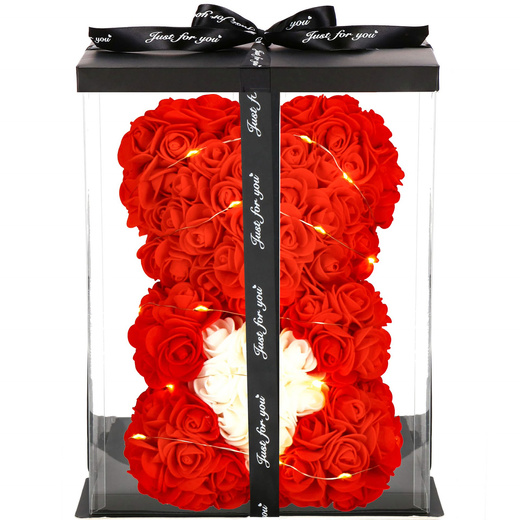 Miś z płatków róż czerwony z sercem, 22 cm rose bear z lampkami LED biały ciepły