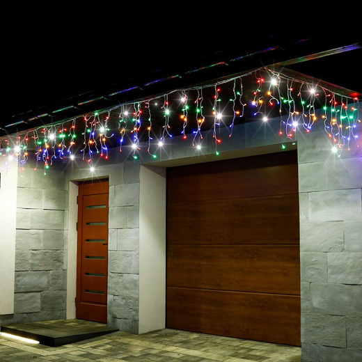 Kurtyna świetlna 300 led girlanda, lampki wewnętrzno-zewnętrzne sople multikolor z zimnym białym flash