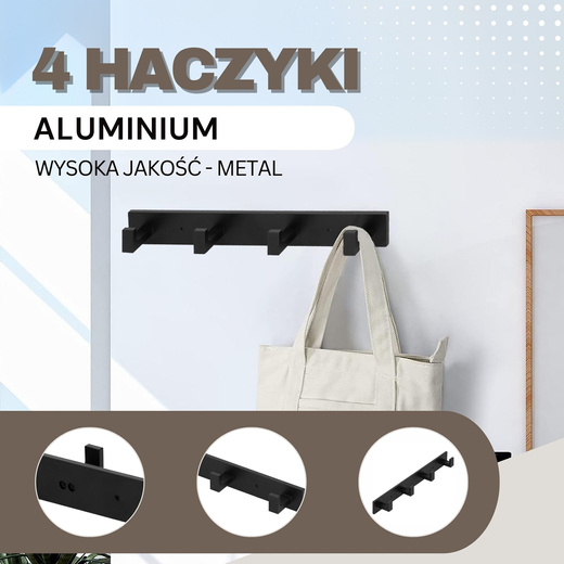Wieszak łazienkowy ścienny z 4 haczykami do przedpokoju, kuchni aluminiowy czarny
