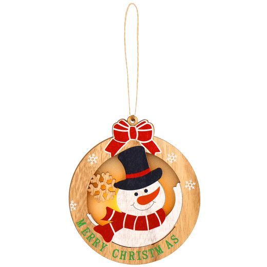 Zawieszka choinkowa bałwan świecąca ozdoba świąteczna drewniana na baterię