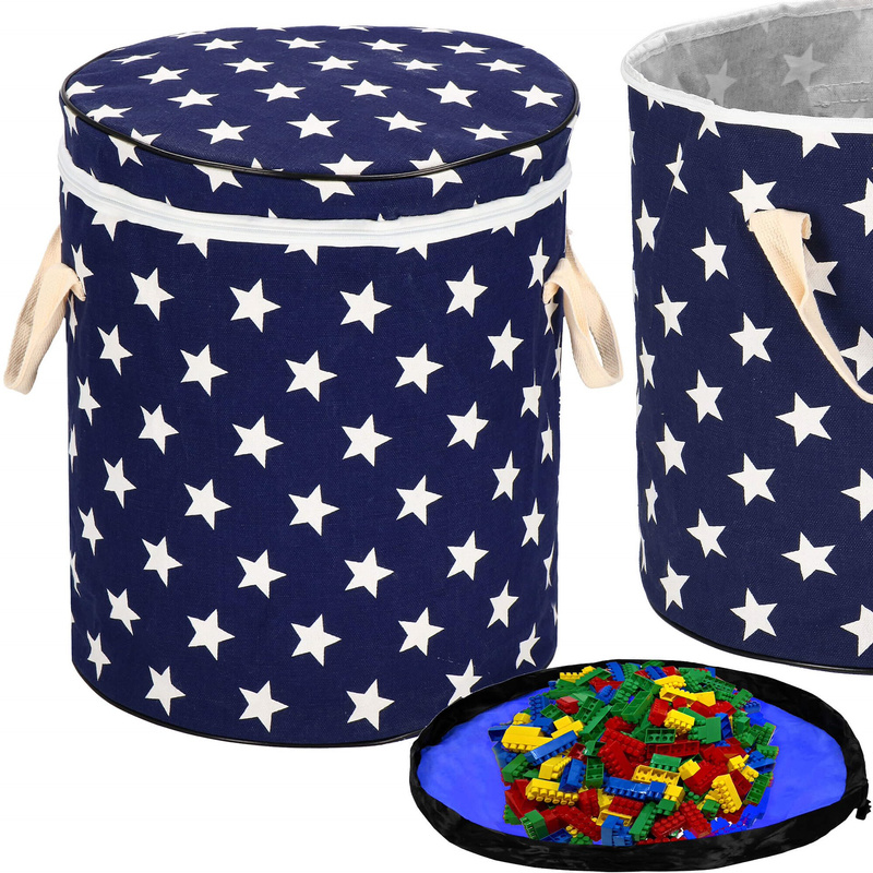 Kosz do przechowywania zabawek i ubrań pojemnik z uszami granatowy w białe gwiazdki