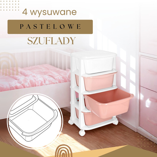 Regał na zabawki z 4 szufladami, pojemnik na kółkach, mobilny orgaznizer różowo-biały