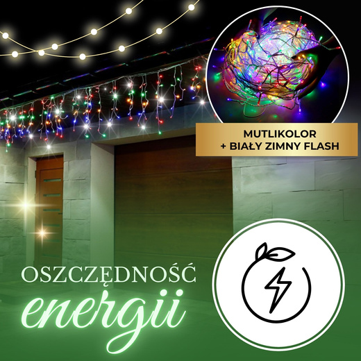Kurtyna świetlna 300 led girlanda, lampki wewnętrzno-zewnętrzne sople multikolor z zimnym białym flash