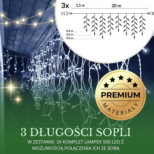 Kurtyna świetlna 1500 led girlanda, lampki wewnętrzno-zewnętrzne sople zimny biały
