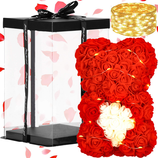 Miś z płatków róż czerwony z sercem, 22 cm rose bear z lampkami LED biały ciepły