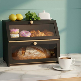 Chlebak zamykany, dwupoziomowy, szafka na pieczywo, bambusowy, czarny