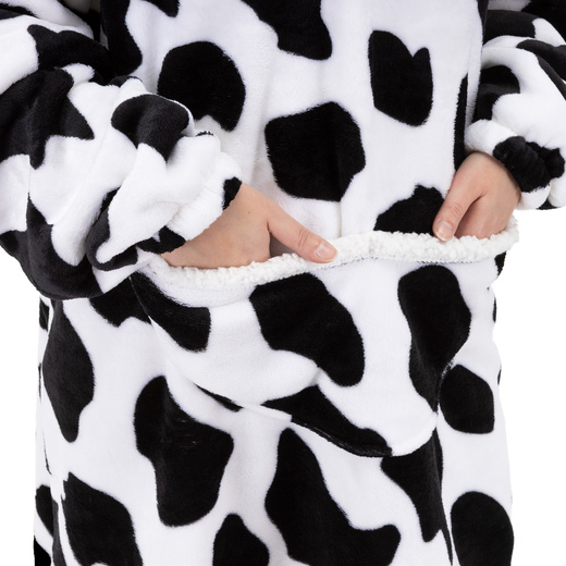 Kocobluza damska oversize koc bluza 2w1 z kapturem ciepła szlafrok futrzak czarno-biały