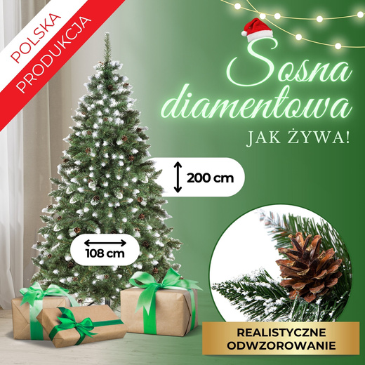 Choinka sztuczna 200 cm sosna diamentowa ośnieżona z szyszkami