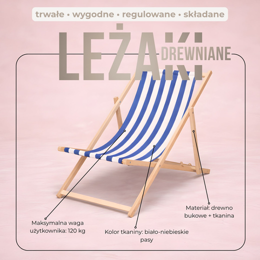 Leżak ogrodowy, drewniany z 3-stopniową regulacją, plażowy, balkonowy, biało-niebieskie pasy