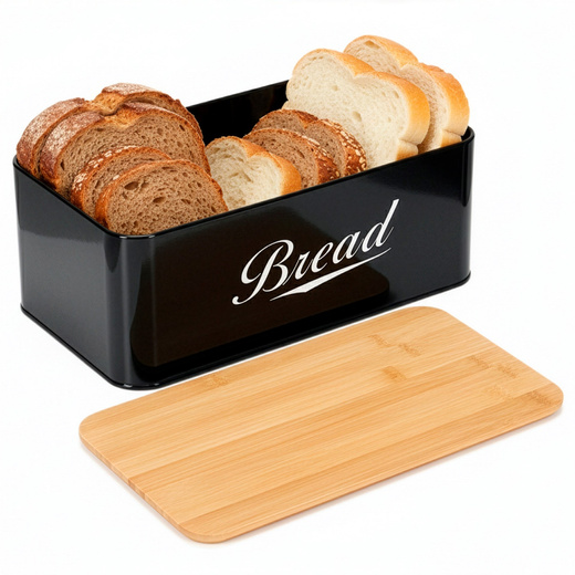 Chlebak metalowy, zamykany z bambusową deską, pojemnik na pieczywo, czarny