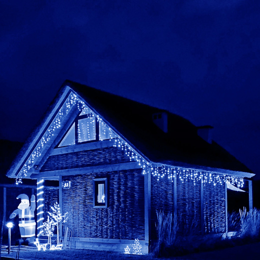 Kurtyna świetlna 300 led girlanda, lampki wewnętrzno-zewnętrzne 14,5 m sople niebieski z zimnym białym flash