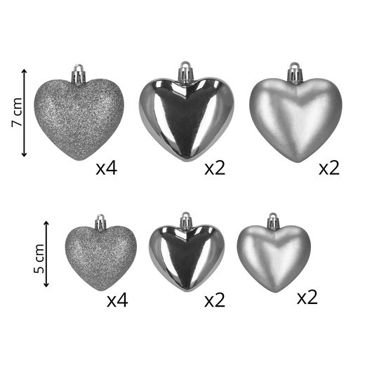 Bombki choinkowe 16 szt. zestaw dekoracji świątecznych, nietłukące, serca, srebrne